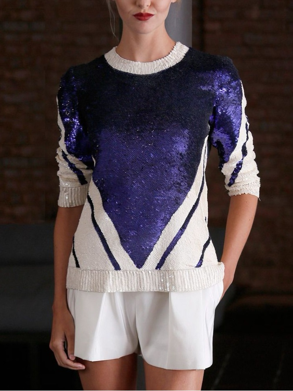 Naeem Khan Blue & Ivory Sequin Geometric 3/4 Sleeve Top